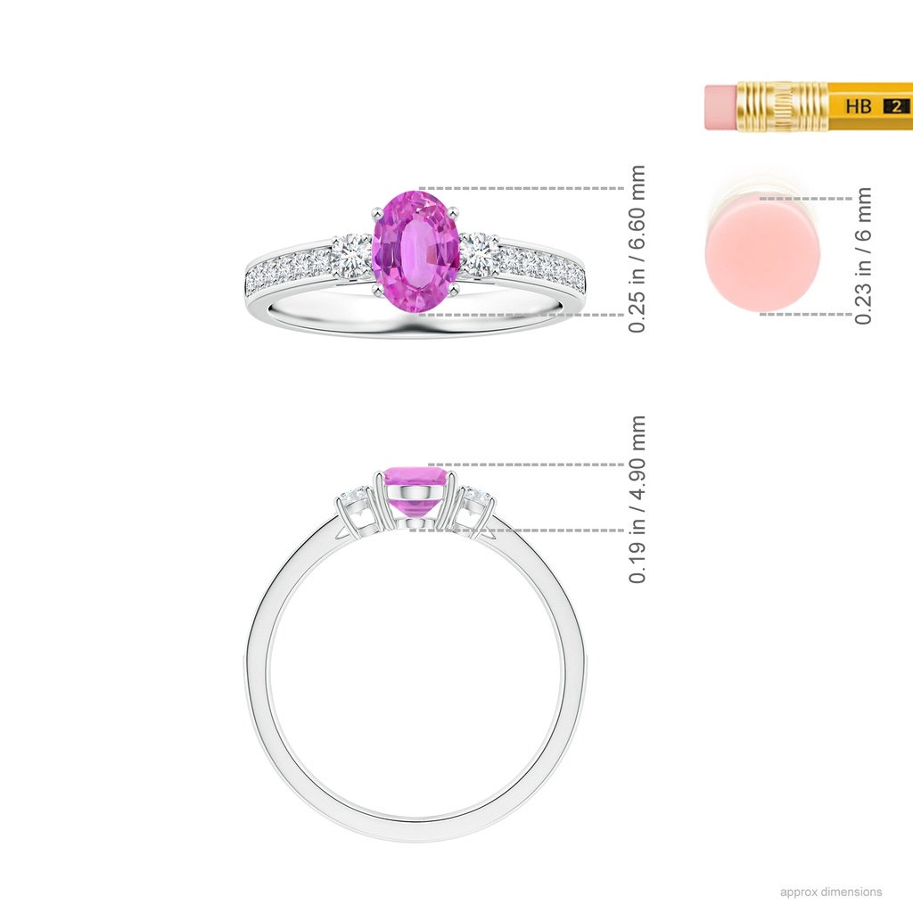 7.11x4.97x2.35mm AAAA Oval Pink Sapphire Three Stone Ring with Diamonds in 18K White Gold ruler
