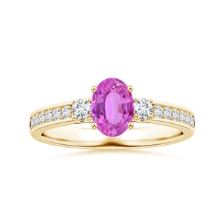7.11x4.97x2.35mm AAAA Oval Pink Sapphire Three Stone Ring with Diamonds in 18K Yellow Gold