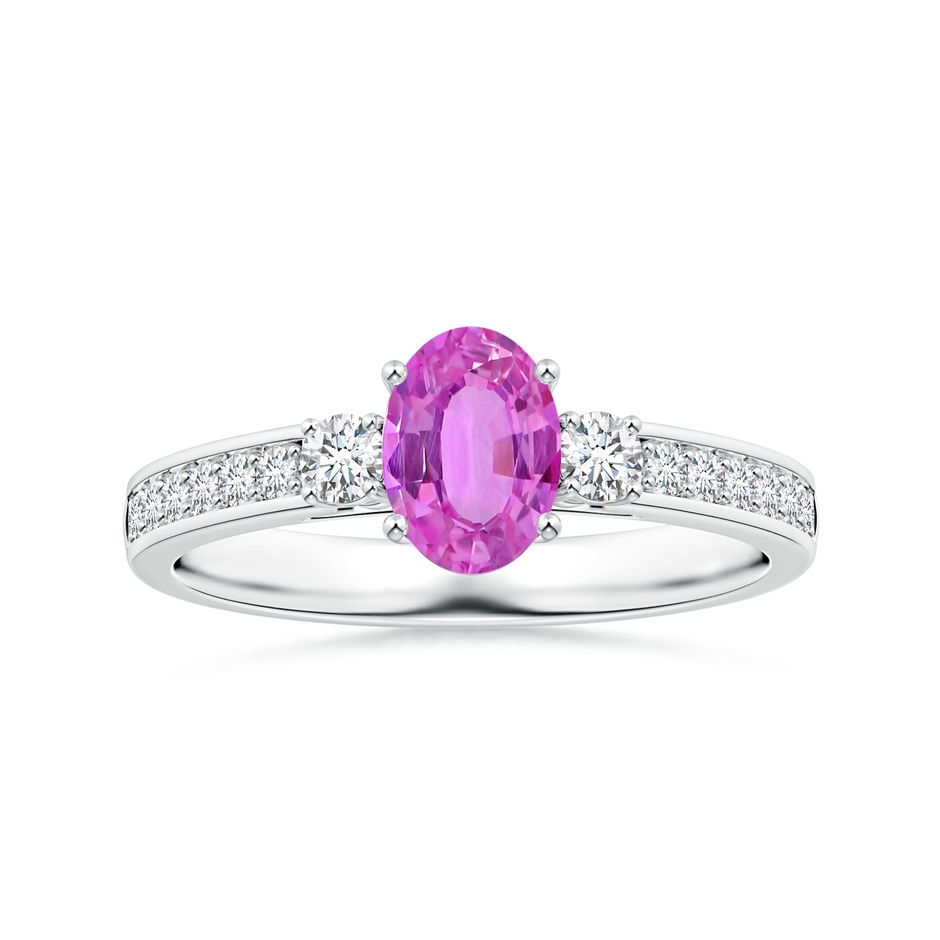 7.11x4.97x2.35mm AAAA Oval Pink Sapphire Three Stone Ring with Diamonds in White Gold 