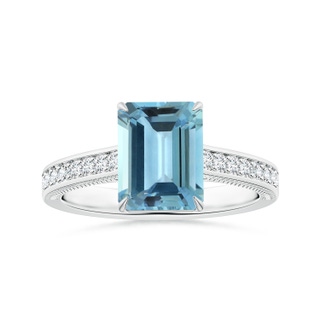 9.12x7.16x4.26mm AA Claw-Set GIA Certified Emerald-Cut Aquamarine Ring with Leaf Motifs in 18K White Gold