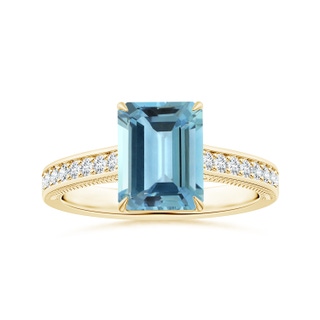 9.12x7.16x4.26mm AA Claw-Set GIA Certified Emerald-Cut Aquamarine Ring with Leaf Motifs in 18K Yellow Gold