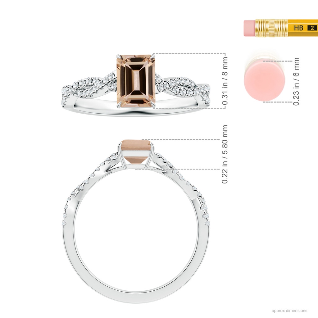 8.11x6.03x4.13mm AAA Claw-Set GIA Certified Emerald-Cut Morganite Ring with Diamond Twist Shank in White Gold ruler