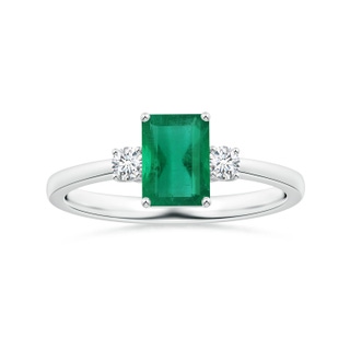 7.12x5.09x3.31mm AA GIA Certified Emerald-Cut Emerald Three Stone Ring with Reverse Tapered Shank in White Gold