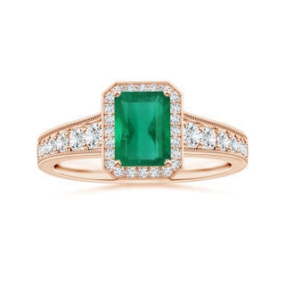 7.12x5.09x3.31mm AA Tapered Shank GIA Certified Emerald-Cut Emerald Halo Ring with Milgrain in 10K Rose Gold