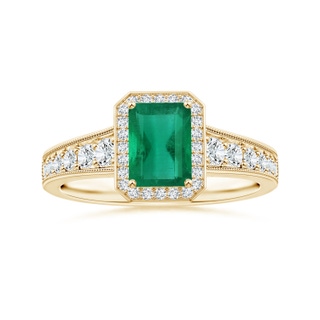 7.12x5.09x3.31mm AA Tapered Shank GIA Certified Emerald-Cut Emerald Halo Ring with Milgrain in 10K Yellow Gold