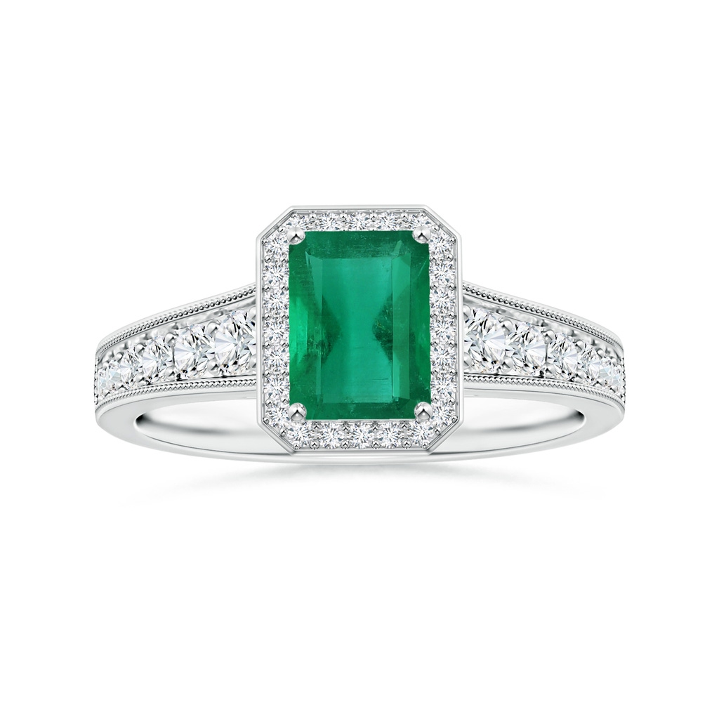 7.12x5.09x3.31mm AA Tapered Shank GIA Certified Emerald-Cut Emerald Halo Ring with Milgrain in P950 Platinum 