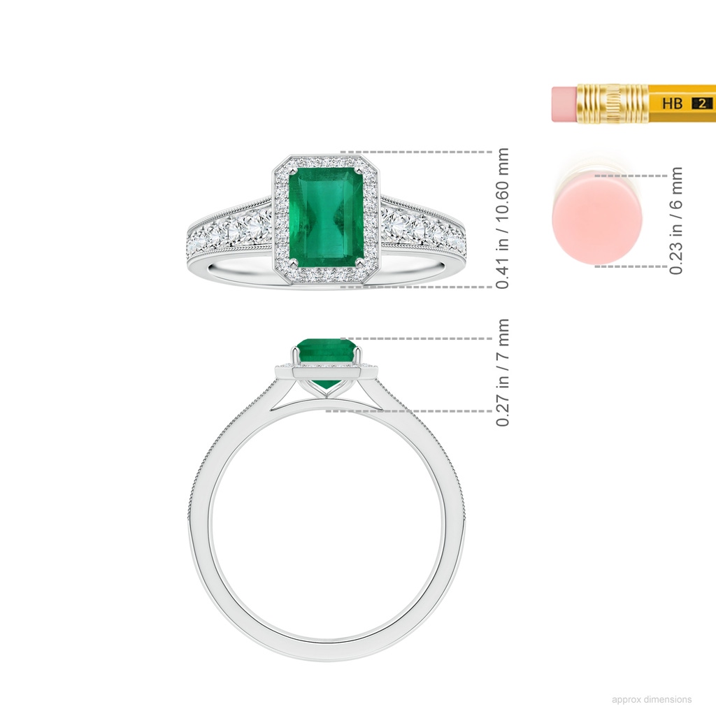 7.12x5.09x3.31mm AA Tapered Shank GIA Certified Emerald-Cut Emerald Halo Ring with Milgrain in P950 Platinum ruler