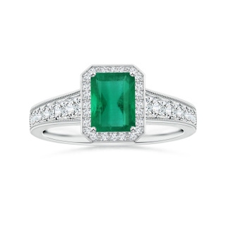 7.12x5.09x3.31mm AA Tapered Shank GIA Certified Emerald-Cut Emerald Halo Ring with Milgrain in White Gold