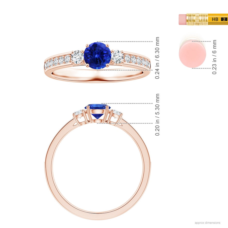 6.00x5.97x3.42mm AAAA Blue Sapphire Three Stone Ring with Diamonds in 18K Rose Gold ruler
