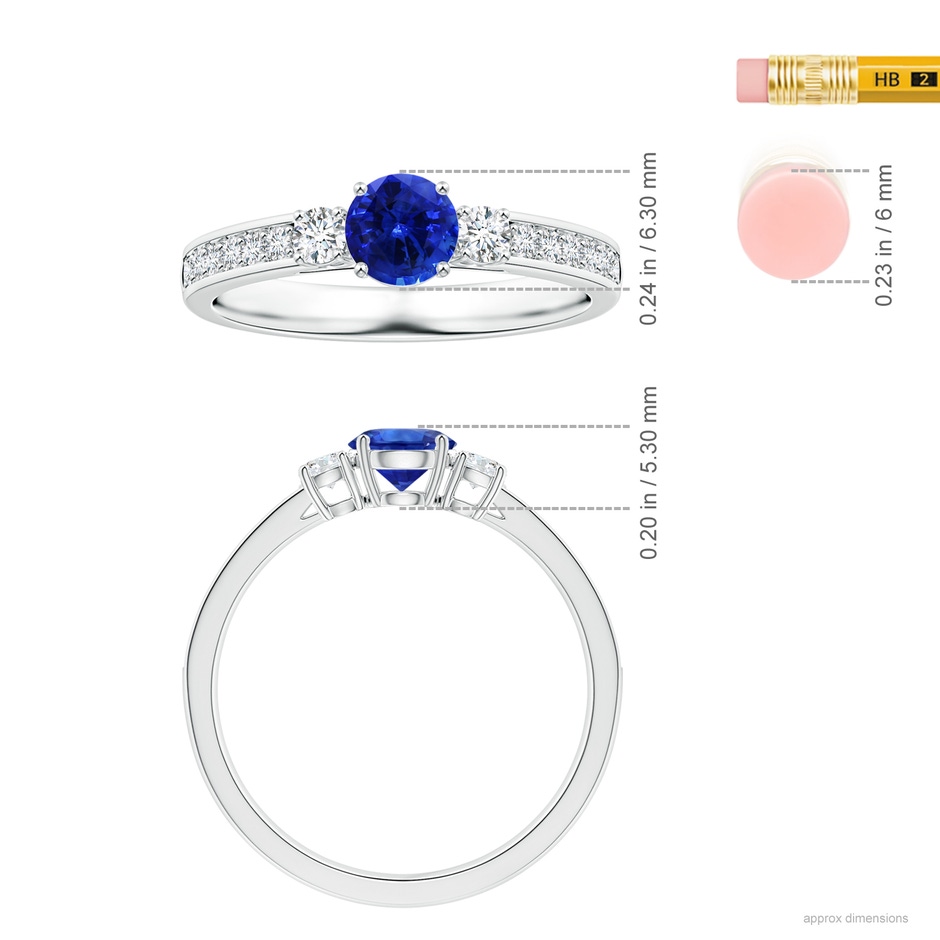 6.00x5.97x3.42mm AAAA Blue Sapphire Three Stone Ring with Diamonds in 18K White Gold ruler