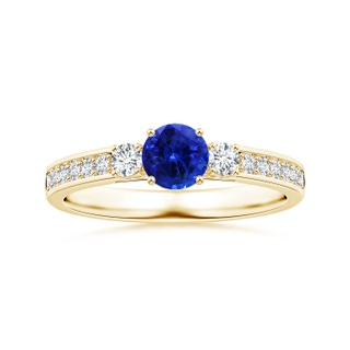 6.00x5.97x3.42mm AAAA Blue Sapphire Three Stone Ring with Diamonds in 18K Yellow Gold