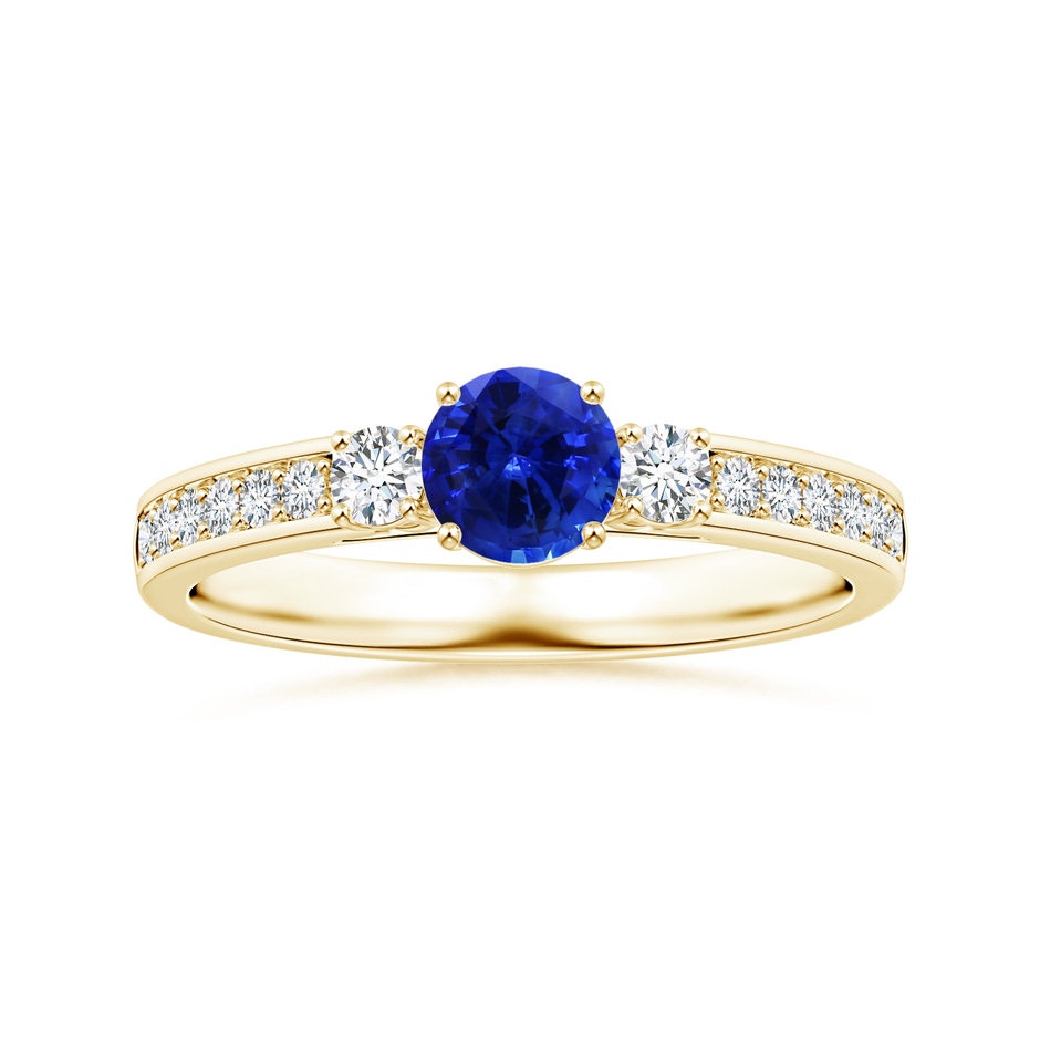 6.00x5.97x3.42mm AAAA Blue Sapphire Three Stone Ring with Diamonds in 18K Yellow Gold 