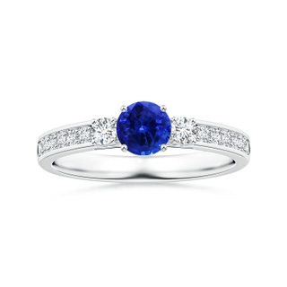 6.00x5.97x3.42mm AAAA Blue Sapphire Three Stone Ring with Diamonds in P950 Platinum
