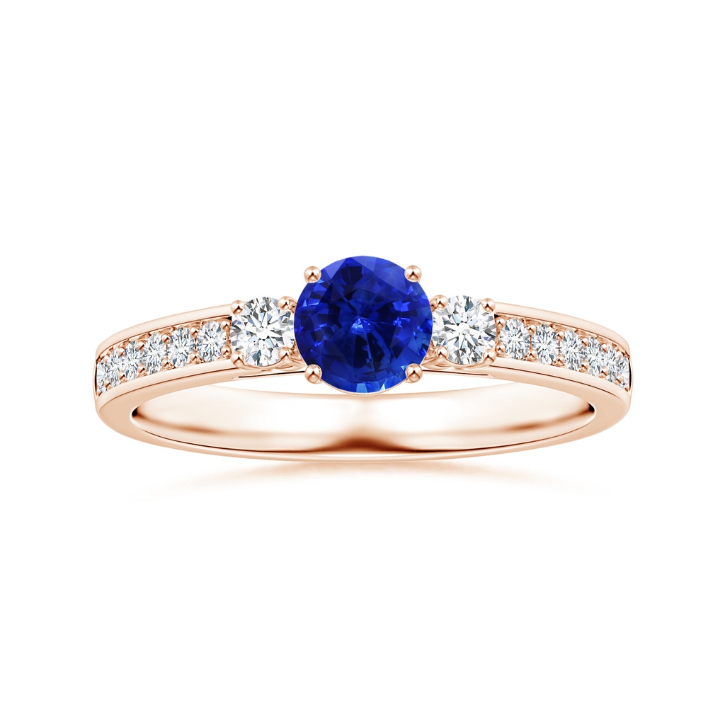 6.00x5.97x3.42mm AAAA Blue Sapphire Three Stone Ring with Diamonds in Rose Gold