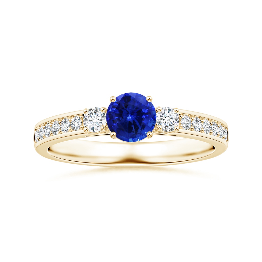 6.00x5.97x3.42mm AAAA Blue Sapphire Three Stone Ring with Diamonds in Yellow Gold