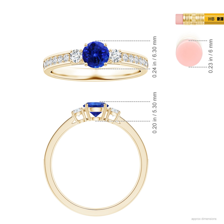 6.00x5.97x3.42mm AAAA Blue Sapphire Three Stone Ring with Diamonds in Yellow Gold ruler