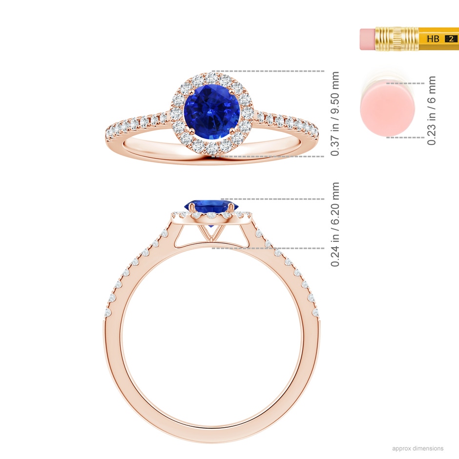 6.00x5.97x3.42mm AAAA Blue Sapphire Halo Ring with Reverse Tapered Shank in 18K Rose Gold ruler