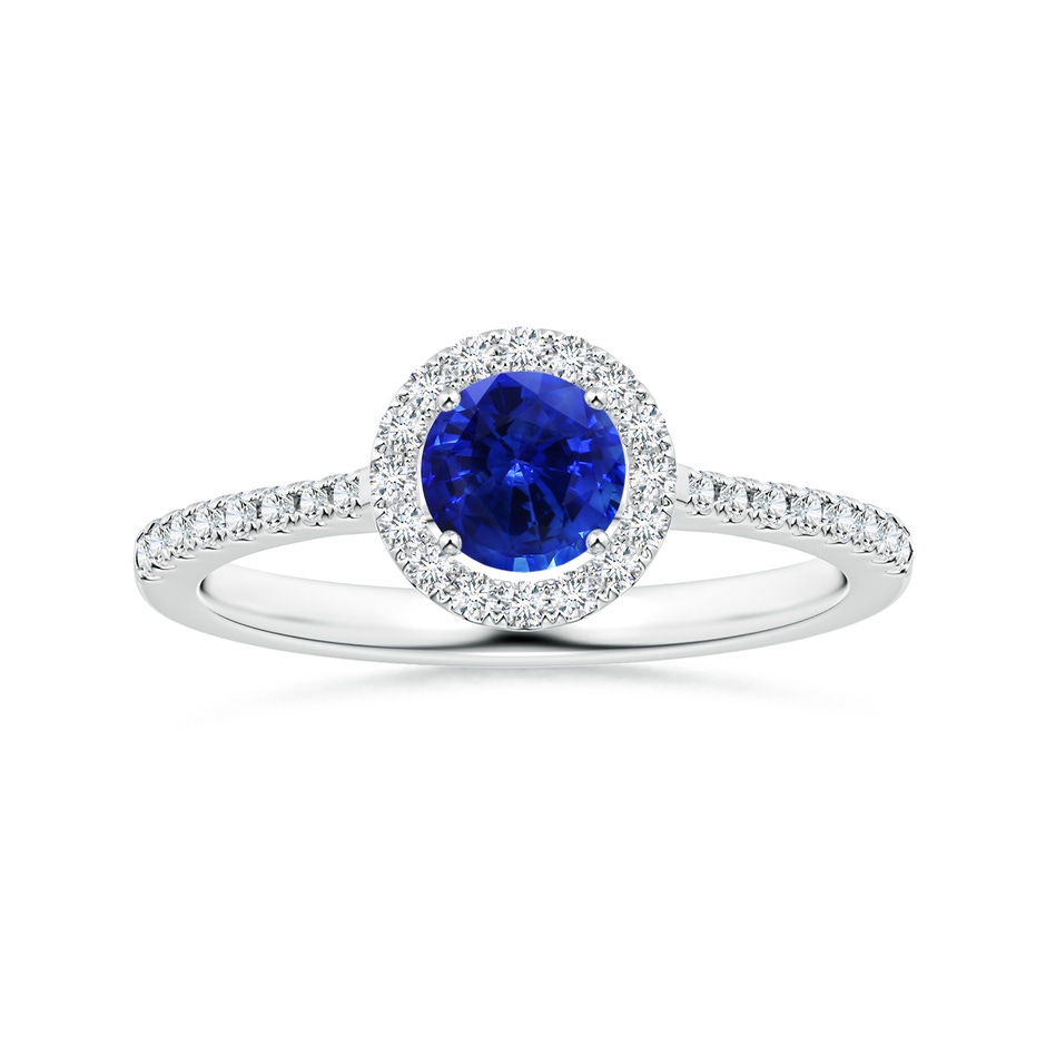 6.00x5.97x3.42mm AAAA Blue Sapphire Halo Ring with Reverse Tapered Shank in 18K White Gold 