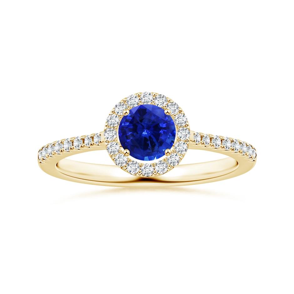 6.00x5.97x3.42mm AAAA Blue Sapphire Halo Ring with Reverse Tapered Shank in 18K Yellow Gold 
