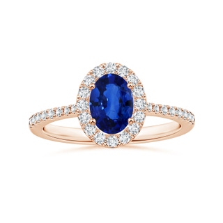 8.15x6.10x3.74mm AA Oval Blue Sapphire Halo Ring with Reverse Tapered Shank in 10K Rose Gold