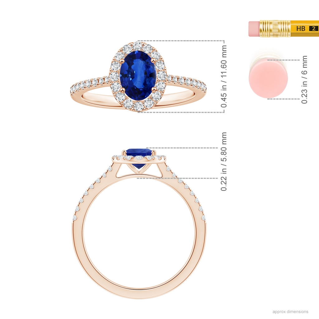 8.15x6.10x3.74mm AA Oval Blue Sapphire Halo Ring with Reverse Tapered Shank in 10K Rose Gold ruler