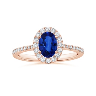 8.15x6.10x3.74mm AA Oval Blue Sapphire Halo Ring with Reverse Tapered Shank in 18K Rose Gold