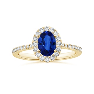 8.15x6.10x3.74mm AA Oval Blue Sapphire Halo Ring with Reverse Tapered Shank in 18K Yellow Gold