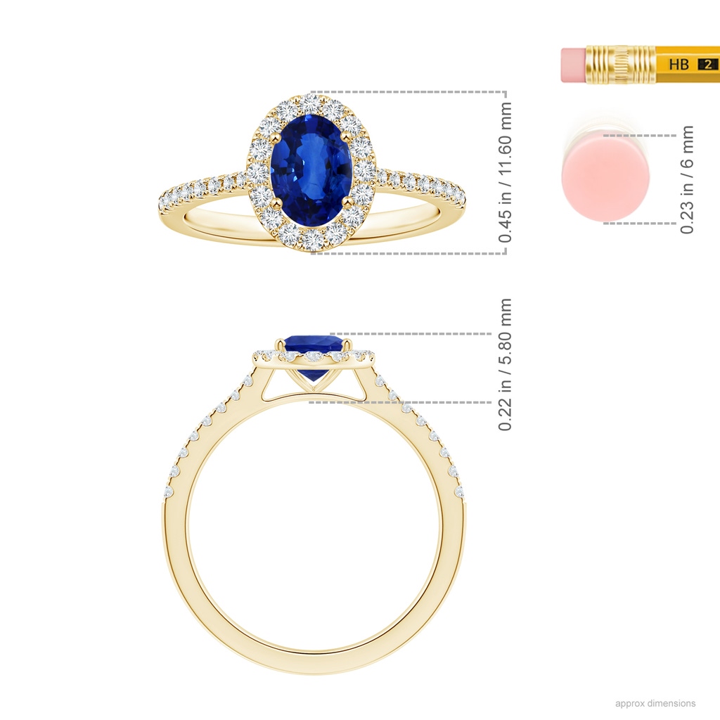 8.15x6.10x3.74mm AA Oval Blue Sapphire Halo Ring with Reverse Tapered Shank in 18K Yellow Gold ruler