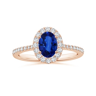 8.15x6.10x3.74mm AA Oval Blue Sapphire Halo Ring with Reverse Tapered Shank in 9K Rose Gold