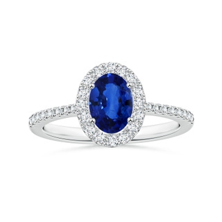 8.15x6.10x3.74mm AA Oval Blue Sapphire Halo Ring with Reverse Tapered Shank in White Gold