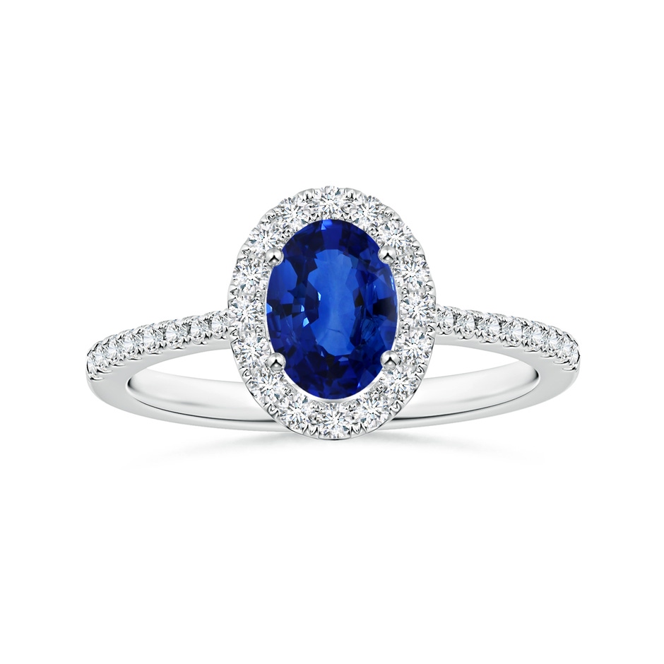 8.15x6.10x3.74mm AA Oval Blue Sapphire Halo Ring with Reverse Tapered Shank in White Gold 