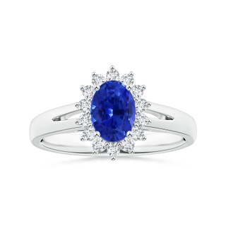 6.70x5.18x3.69mm AAAA GIA Certified Oval Sapphire Princess Diana Inspired Split Shank Ring with Halo in P950 Platinum