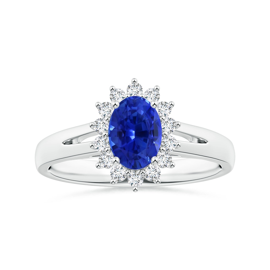 6.70x5.18x3.69mm AAAA GIA Certified Oval Sapphire Princess Diana Inspired Split Shank Ring with Halo in P950 Platinum 