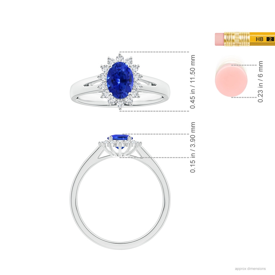 6.70x5.18x3.69mm AAAA GIA Certified Oval Sapphire Princess Diana Inspired Split Shank Ring with Halo in P950 Platinum Ruler