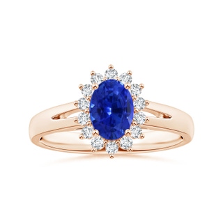 6.70x5.18x3.69mm AAAA GIA Certified Oval Sapphire Princess Diana Inspired Split Shank Ring with Halo in Rose Gold