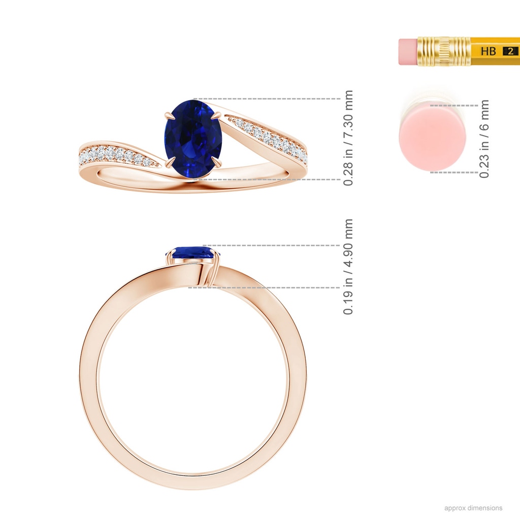 6.95x5.08x3.30mm AAAA Claw-Set Oval Blue Sapphire Bypass Ring with Diamonds in 9K Rose Gold ruler