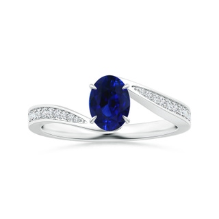 6.95x5.08x3.30mm AAAA Claw-Set Oval Blue Sapphire Bypass Ring with Diamonds in P950 Platinum