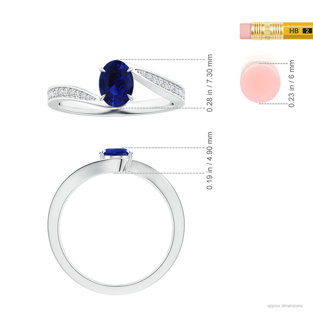 6.95x5.08x3.30mm AAAA Claw-Set Oval Blue Sapphire Bypass Ring with Diamonds in White Gold ruler