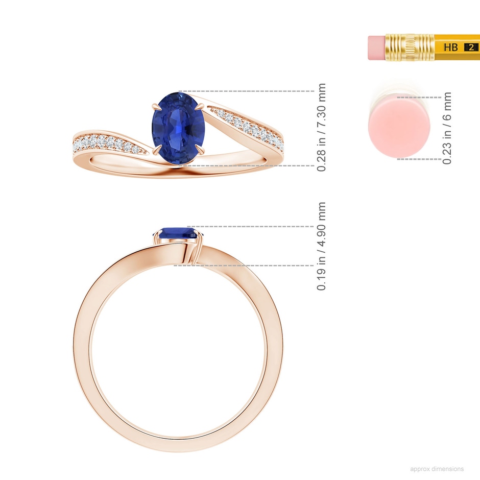 7.05x5.08x2.92mm AAAA GIA Certified Claw-Set Oval Blue Sapphire Bypass Ring with Diamonds in Rose Gold ruler