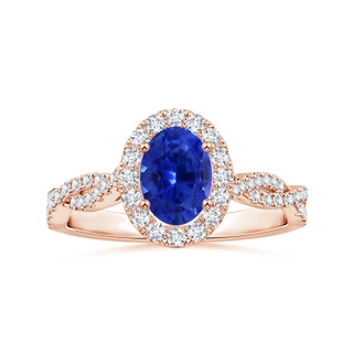 6.70x5.18x3.69mm AAAA GIA Certified Oval Blue Sapphire Twisted Shank Ring with Halo in 18K Rose Gold