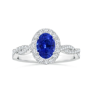 6.70x5.18x3.69mm AAAA GIA Certified Oval Blue Sapphire Twisted Shank Ring with Halo in White Gold