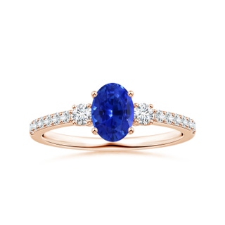6.70x5.18x3.69mm AAAA GIA Certified Three Stone Oval Blue Sapphire Ring with Diamonds in Rose Gold
