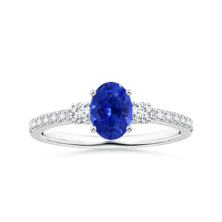 6.70x5.18x3.69mm AAAA GIA Certified Three Stone Oval Blue Sapphire Ring with Diamonds in White Gold