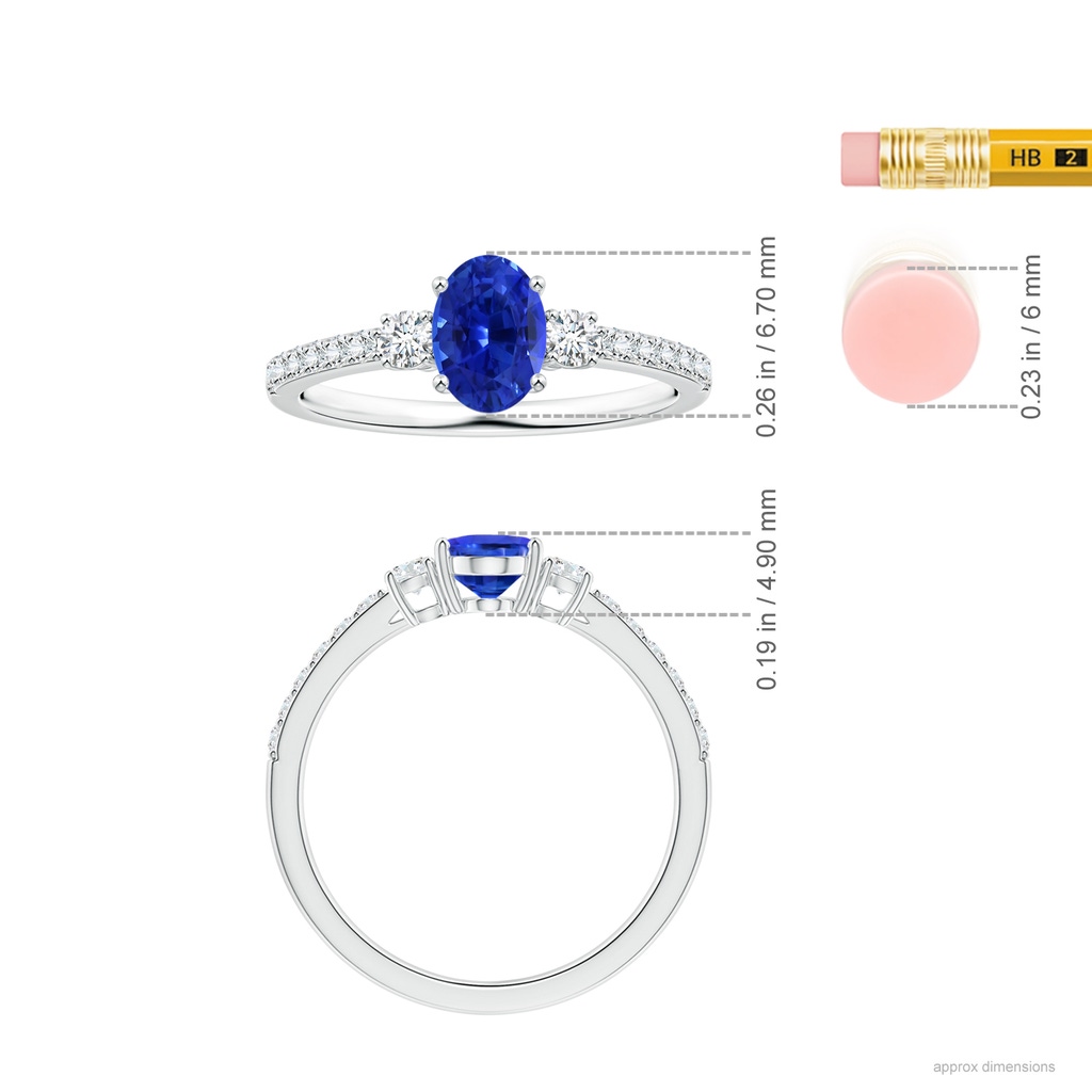 6.70x5.18x3.69mm AAAA GIA Certified Three Stone Oval Blue Sapphire Ring with Diamonds in White Gold Ruler