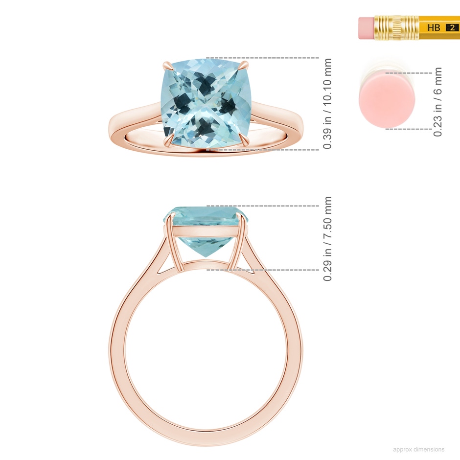 10.17x10.05x6.31mm AAA Claw-Set GIA Certified Cushion Aquamarine Ring with Reverse Tapered Shank in 18K Rose Gold ruler