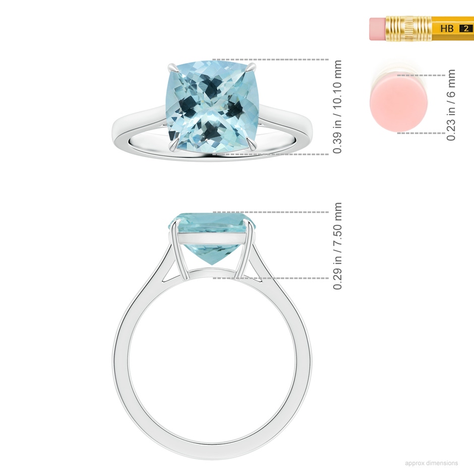 10.17x10.05x6.31mm AAA Claw-Set GIA Certified Cushion Aquamarine Ring with Reverse Tapered Shank in White Gold ruler