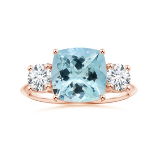 10.17x10.05x6.31mm AAA GIA Certified Three Stone Cushion Aquamarine Knife-Edge Ring with Diamonds in 18K Rose Gold