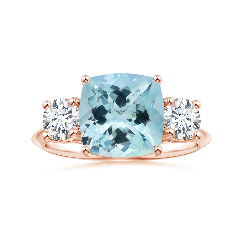10.17x10.05x6.31mm AAA GIA Certified Three Stone Cushion Aquamarine Knife-Edge Ring with Diamonds in 18K Rose Gold 
