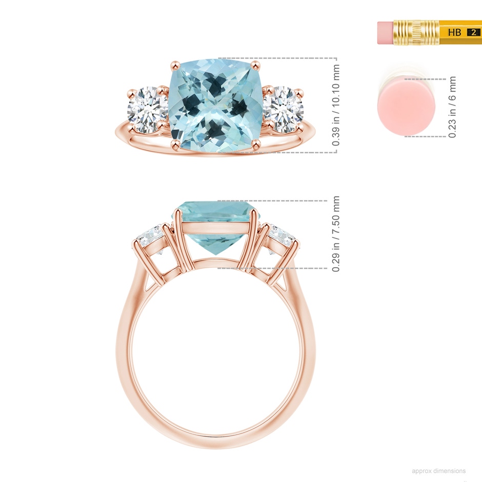 10.17x10.05x6.31mm AAA GIA Certified Three Stone Cushion Aquamarine Knife-Edge Ring with Diamonds in 18K Rose Gold ruler