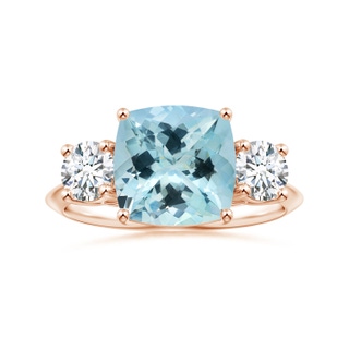 10.17x10.05x6.31mm AAA GIA Certified Three Stone Cushion Aquamarine Knife-Edge Ring with Diamonds in 9K Rose Gold
